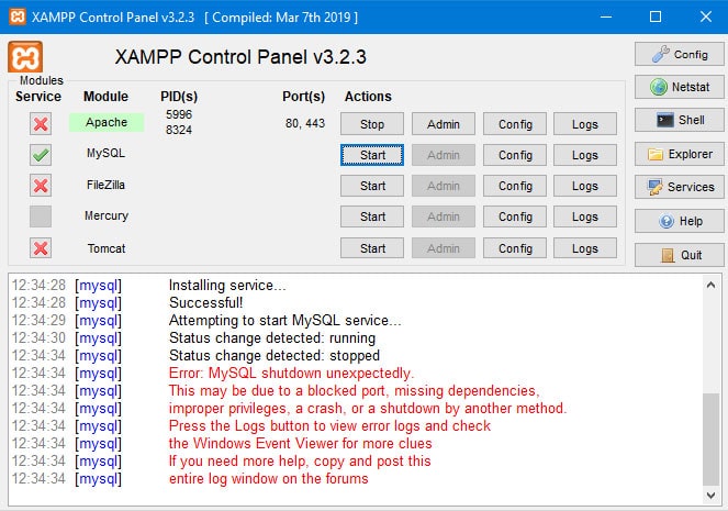 MySQL Server Error in XAMPP
